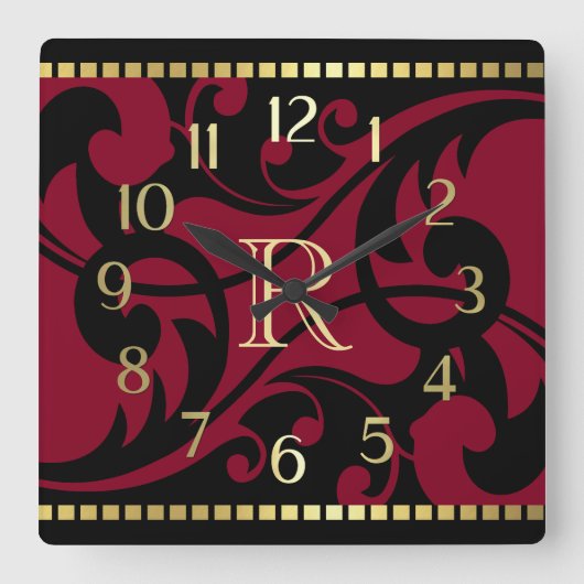 Red Flourish Design Gold Border met Monogram Vierkante Klok (Voorkant)