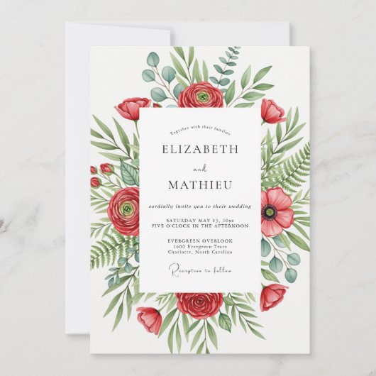 Red Flourishing Botanical Wedding Kaart (Voorkant)