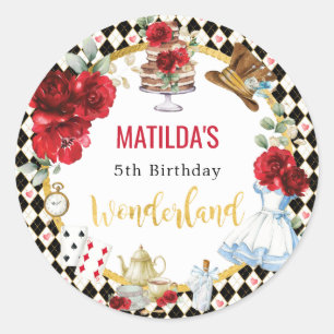 Red Flower Alice in Wonderland Birthday Tea Party Ronde Sticker