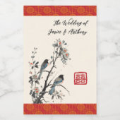 Red flower birds modern Chinese wedding  Wijn Etiket (Enkel label)