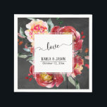 Red Flower Bouquet, Chalkboard, Love Typography Servet<br><div class="desc">Op een getextureerde achtergrond heb ik prachtige waterverf bloemen toegevoegd in doorschijnend en diep doorweekt rood met artistieke groen. Het centrum was bedekt in een begrensd wit vierkant dat een perfect lijst voor uw persoonlijke details maakt; plaatsaanduidingen van de sjabloon werden opstelling voor uw namen en datum, die kunnen worden...</div>