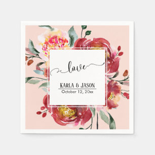Red Flower Bouquet Love Typografie over Blush Servet