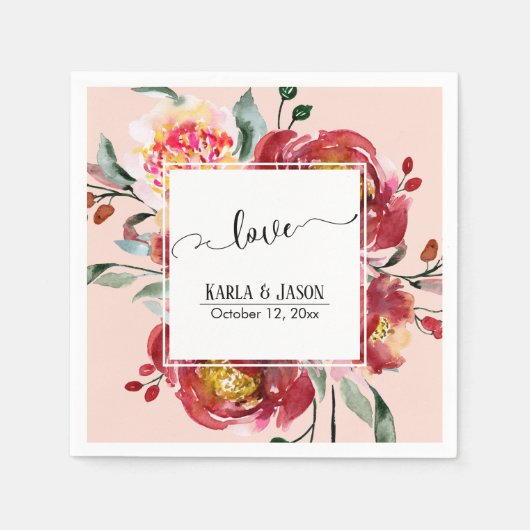 Red Flower Bouquet Love Typografie over Blush Servet (Voorkant)
