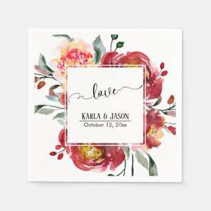 Red Flower Bouquet met Swirling Love Typografie Servet