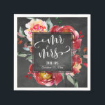 Red Flower Bouquet Mr & Mrs Typography Chalkboard Servet<br><div class="desc">Op een getextureerde achtergrond heb ik prachtige waterverf bloemen toegevoegd in doorschijnend en diep doorweekt rood met artistieke groen. Het centrum was bedekt in een vierkant met een grenzend bord dat een perfect lijst maakt voor uw persoonlijke gegevens; de plaatsaanduidingen van de sjabloon zijn ingesteld voor uw namen en datum,...</div>