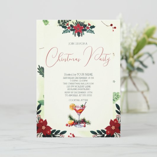 Red Flower Branch Fruit Drinks Christmas Party Save The Date (Staand voorkant)