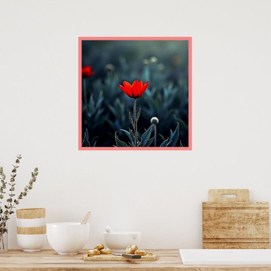 Red Flower Dark Night Solitude Art Poster (Keuken)