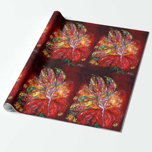 RED FLOWER FAIRY Fantasy Cadeaupapier (Uitgerold)