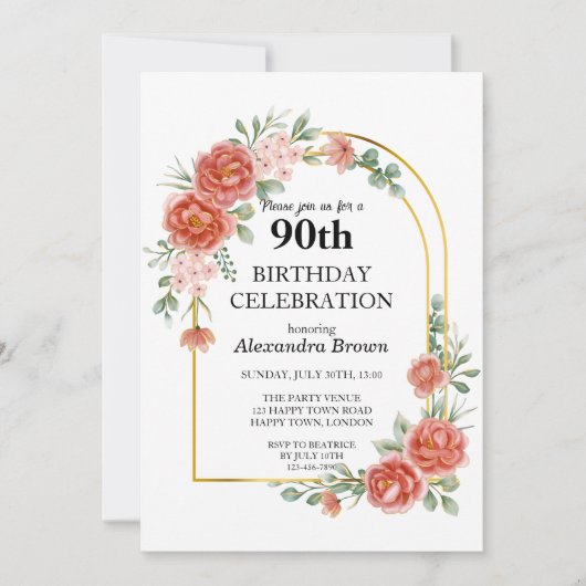 Red Flower Gold Lijst 90ste verjaardagsfotofeestje Kaart (Voorkant)