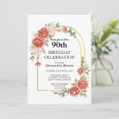Red Flower Gold Lijst 90ste verjaardagsfotofeestje Kaart (Staand voorkant)