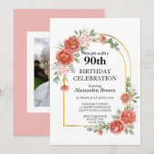 Red Flower Gold Lijst 90ste verjaardagsfotofeestje Kaart (Voorkant / Achterkant)