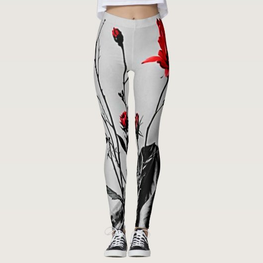 Red Flower Grey Art Leggings (Voorkant)