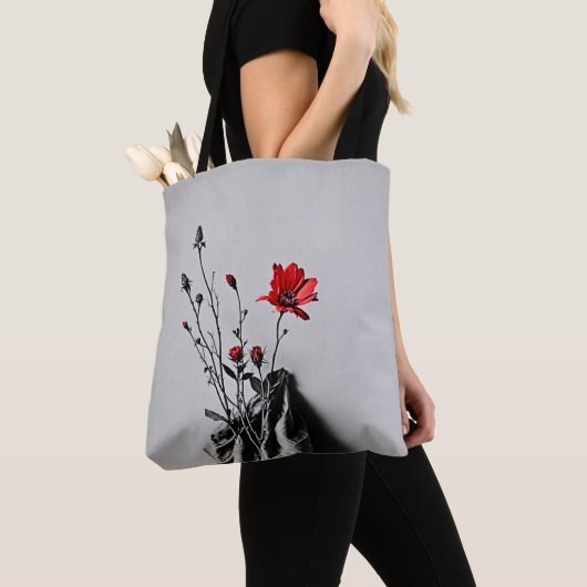 Red Flower Grey Art Tote Bag (Dichtbij)