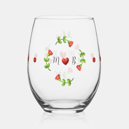 Red Flower Heart Monogram Stemless Glass Wijnglas Zonder Voet (Voorkant)