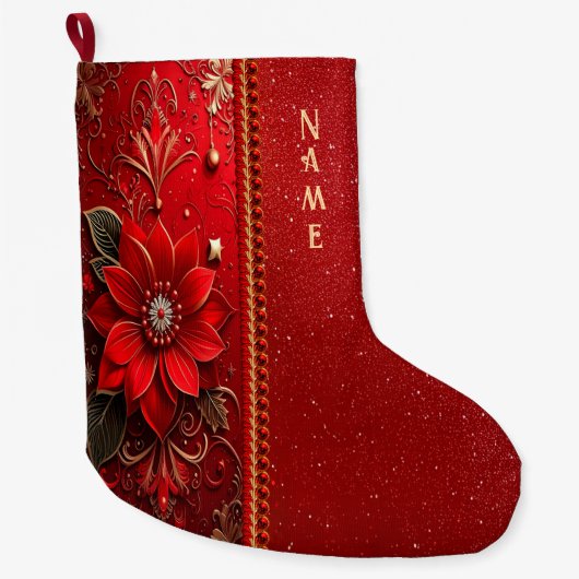 Red Flower Holiday Stocking Grote Kerstsok (Voorkant)