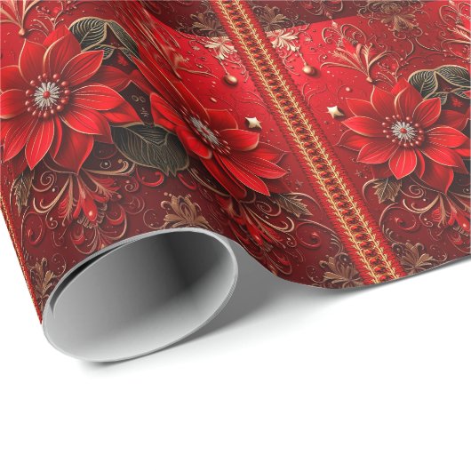 Red Flower Holiday Wrapping Paper Cadeaupapier (Rol Hoek)