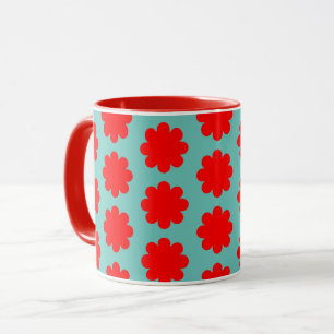 Red Flower op Aqua Blue Retro Vibe Mok Cup