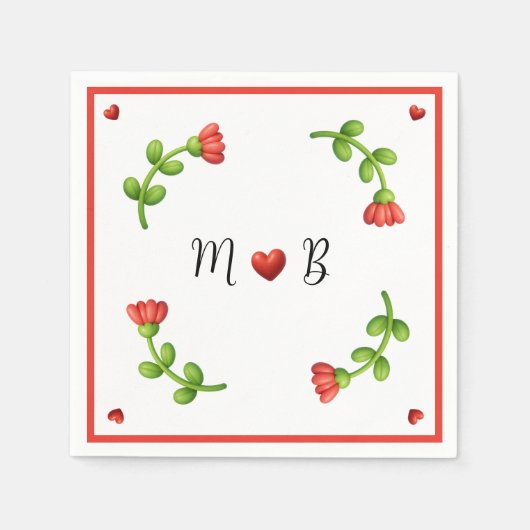 Red Flower Paper Napkins – Personalized Monogram Servet (Voorkant)