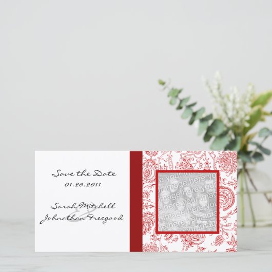 Red Flower Pattern Save the Date Photo Cards (Staand voorkant)