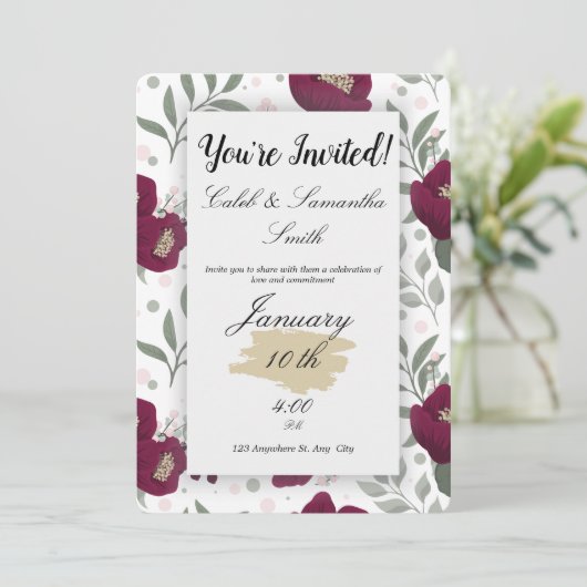 Red Flower Wedding Invitation Kaart (Staand voorkant)