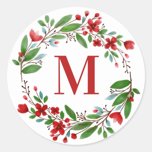 Red Flower Wreath Initiaal personaliseren Ronde Sticker (Voorkant)