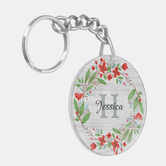 Red Flower Wreath Rustic, aangepast  Sleutelhanger (Voorkant Links)