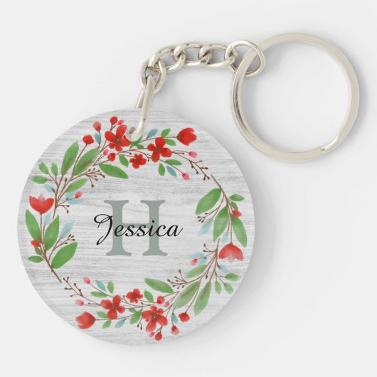 Red Flower Wreath Rustic, aangepast  Sleutelhanger (Achterkant)