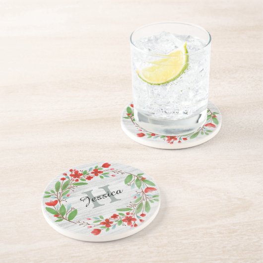 Red Flower Wreath Rustic, aangepast Zandsteen Onderzetter (Zijkant)