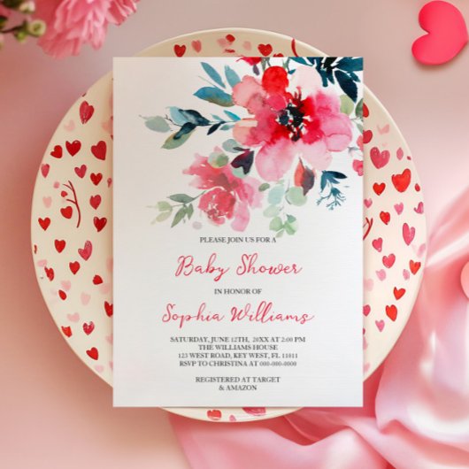 Red Flowers Baby shower Invitation Kaart