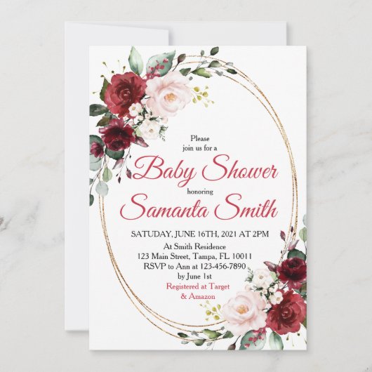 Red Flowers Baby shower Invitation Kaart (Voorkant)