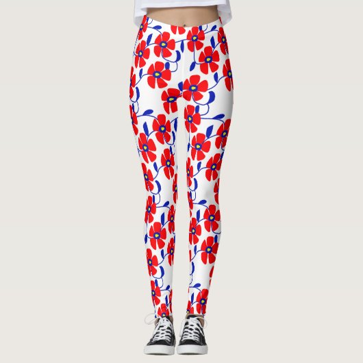 Red Flowers Blue Vines Leggings (Voorkant)