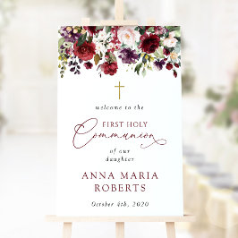 Red Flowers, Boho, First Holy Communion Welcome Poster