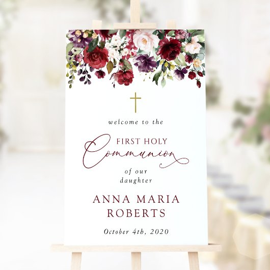 Red Flowers, Boho, First Holy Communion Welcome Poster