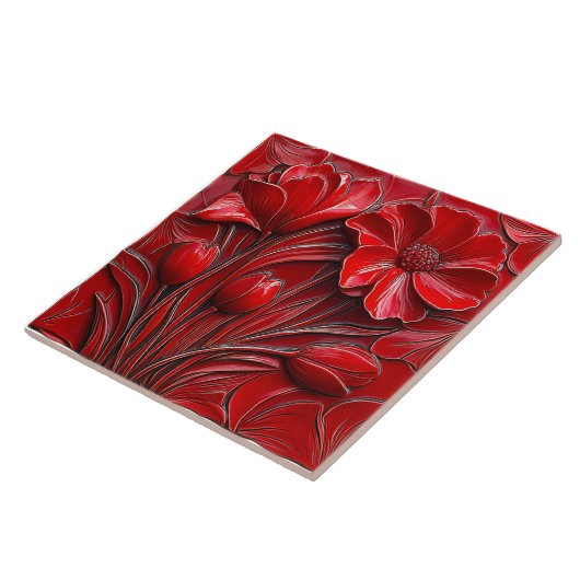 Red Flowers Ceramic Tile Tegeltje (Zijkant)