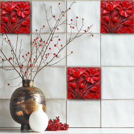 Red Flowers Ceramic Tile Tegeltje
