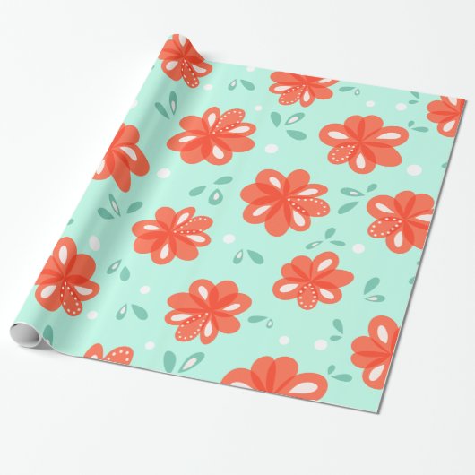 Red Flowers Cheerful Decorative Floral Pattern Cadeaupapier (Uitgerold)