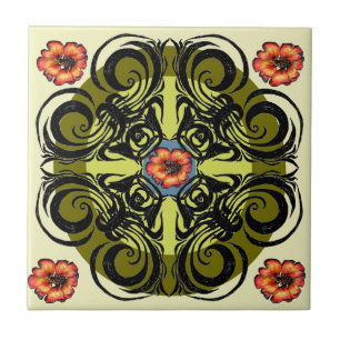 Red Flowers en Black Retro Tiles Tegeltje