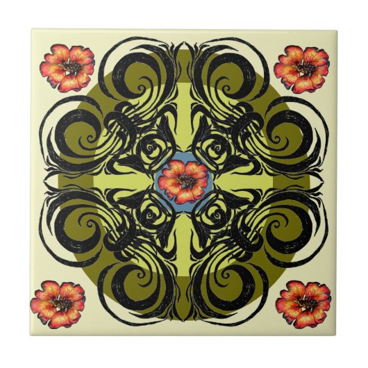 Red Flowers en Black Retro Tiles Tegeltje (Voorkant)