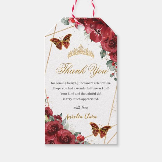 Red Flowers Floral Quinceanera Butterflies Quince Cadeaulabel (Voorkant)