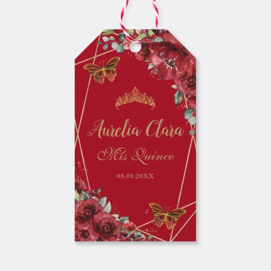 Red Flowers Floral Quinceanera Butterflies Quince Cadeaulabel (Achterkant)