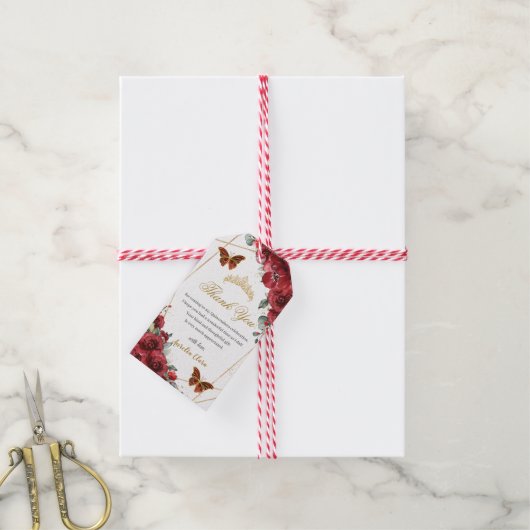 Red Flowers Floral Quinceanera Butterflies Quince Cadeaulabel (Met Touw)