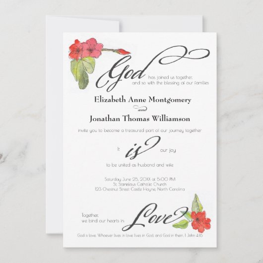 Red Flowers God is Liefde Calligrafie Religie Kaart (Voorkant)