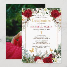 Red Flowers Gold Foil Butterflies Kaart