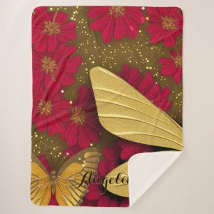 Red Flowers Gold Glitters Persoonlijke naam Sherpa Deken