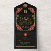 Red Flowers Gold Trim Chinese Weddenschap All In One Uitnodiging (Binnen)