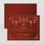 Red Flowers Gold Trim Chinese Weddenschap Informatiekaartje (Voorkant / Achterkant)