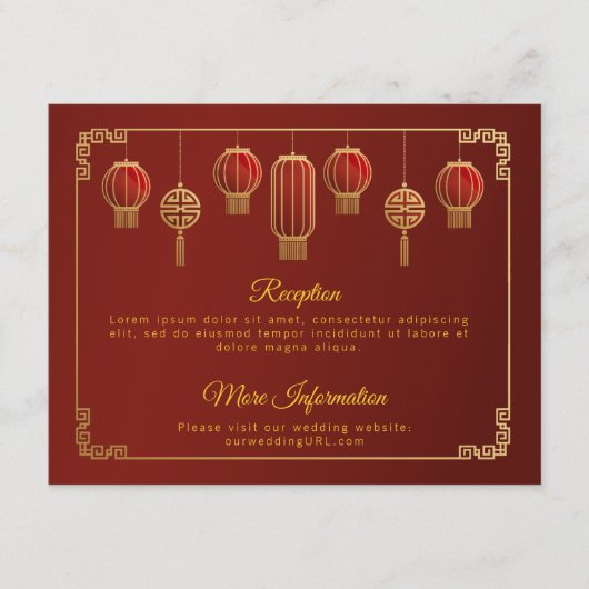 Red Flowers Gold Trim Chinese Weddenschap Informatiekaartje (Voorkant)