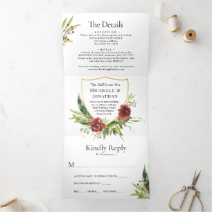 Red Flowers Greenery in één Christelijk huwelijk Drieluik Uitnodiging