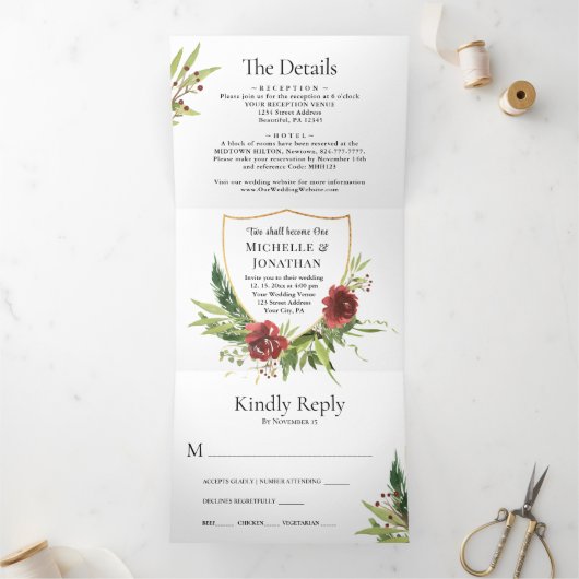 Red Flowers Greenery in één Christelijk huwelijk Drieluik Uitnodiging (Binnen)