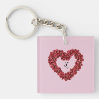 Red Flowers Heart met Monogram Floral Sleutelhanger